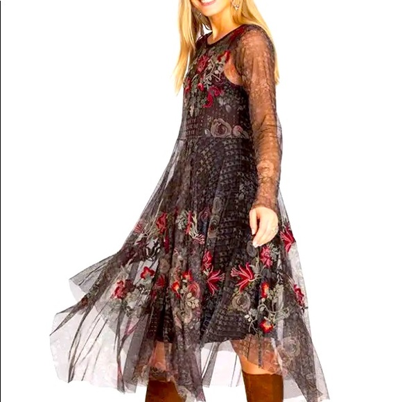 Johnny Was Dresses & Skirts - Johnny Was Biya Maude dark brown floral sheer dress with embroidery